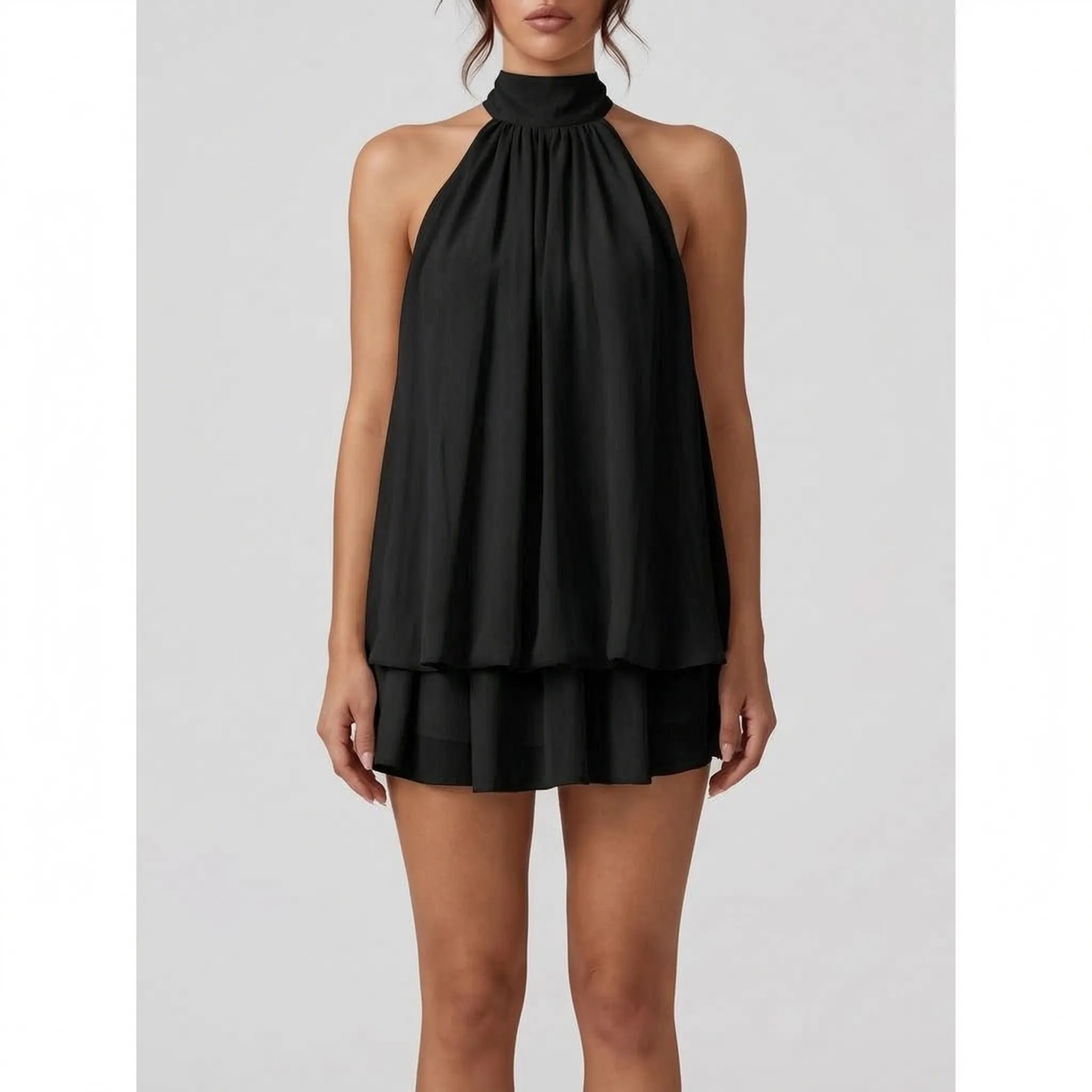 AuraFlounce - Halter Neck Ruffle Mini Dress