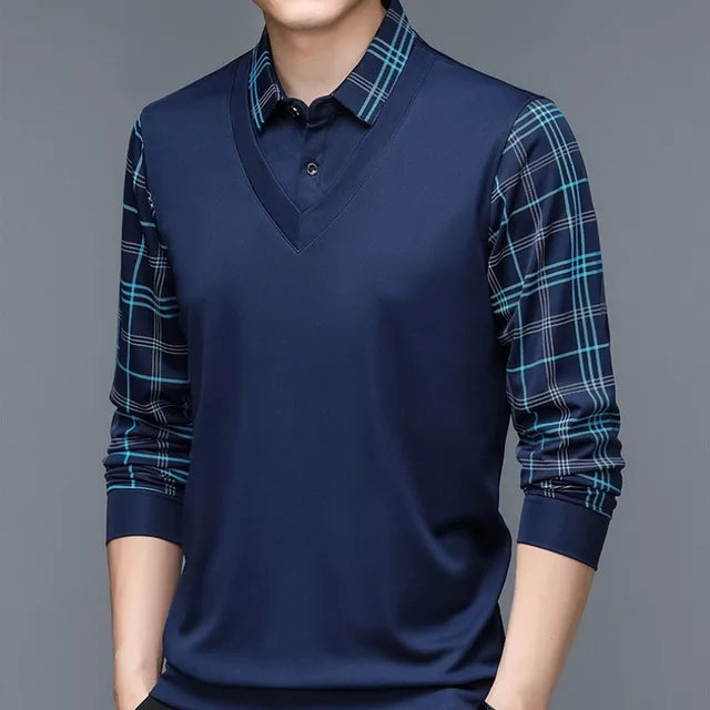 Men's Long-Sleeve Polo Shirt - Contrast-Collar Top