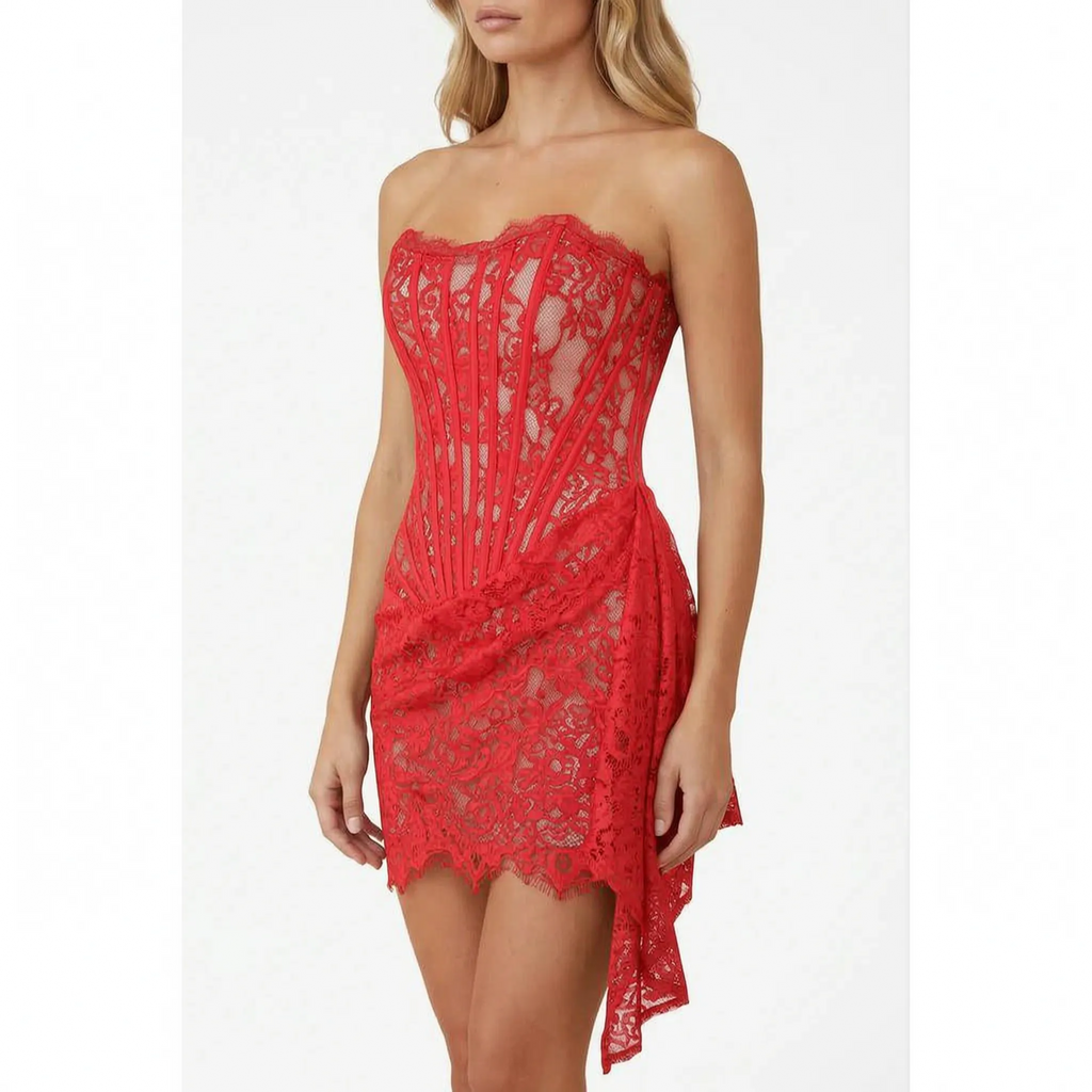 CelestiaMini - Strapless Sheer Patterned Mini Dress