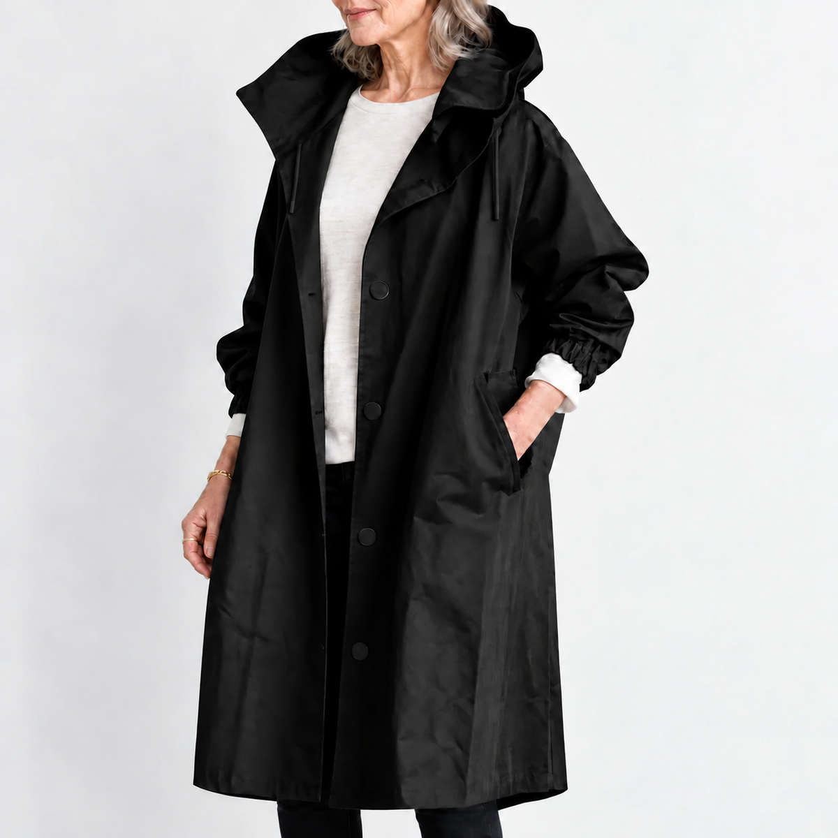 Women's Hooded Longline Trench Coat - Button Front