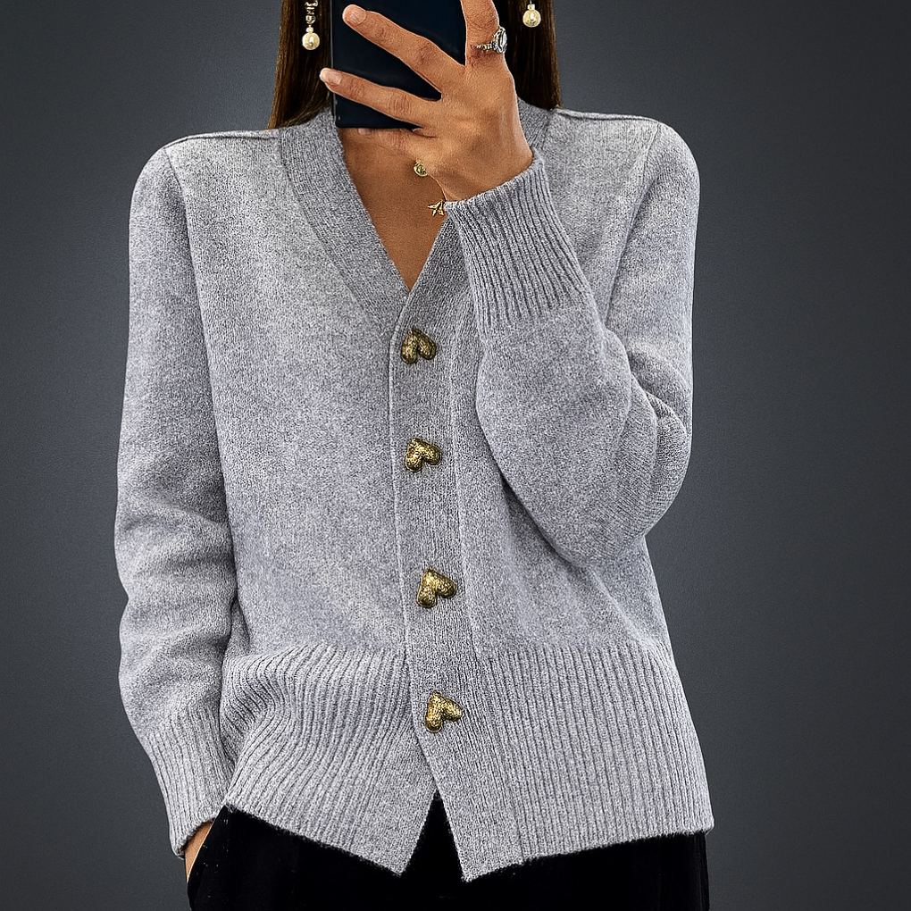 Women's V-Neck Cardigan- Heart Buttons and Ribbed Trim