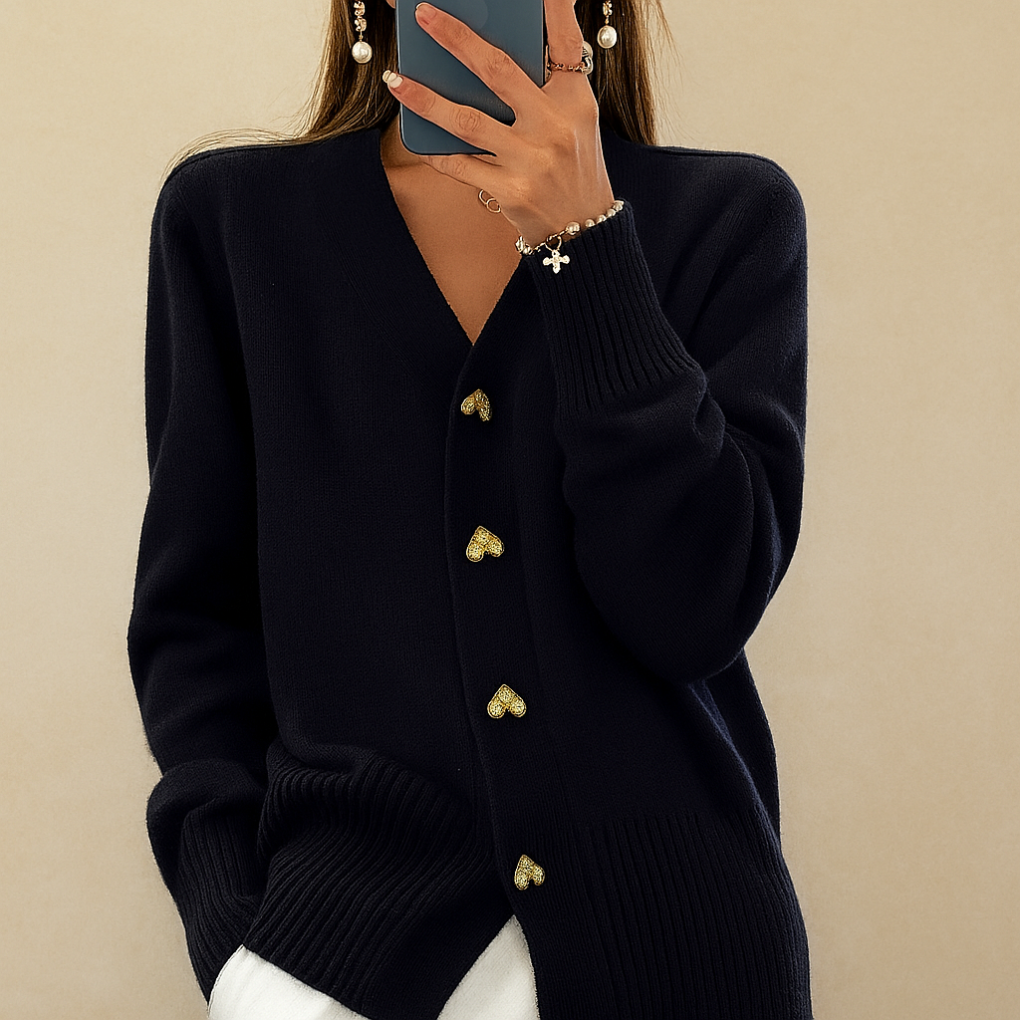 Women's V-Neck Cardigan- Heart Buttons and Ribbed Trim