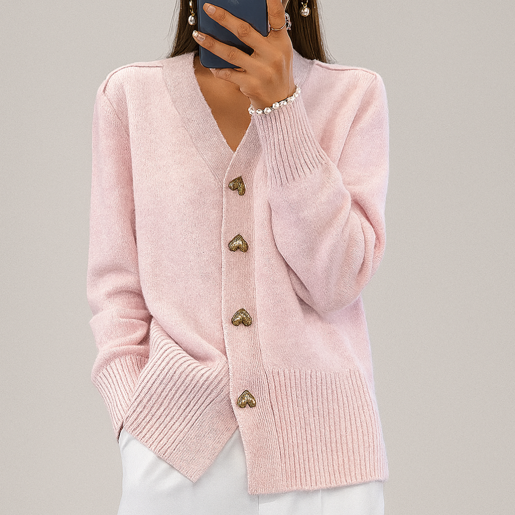 Women's V-Neck Cardigan- Heart Buttons and Ribbed Trim