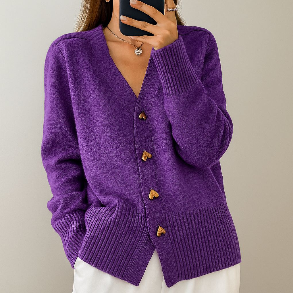 Women's V-Neck Cardigan- Heart Buttons and Ribbed Trim