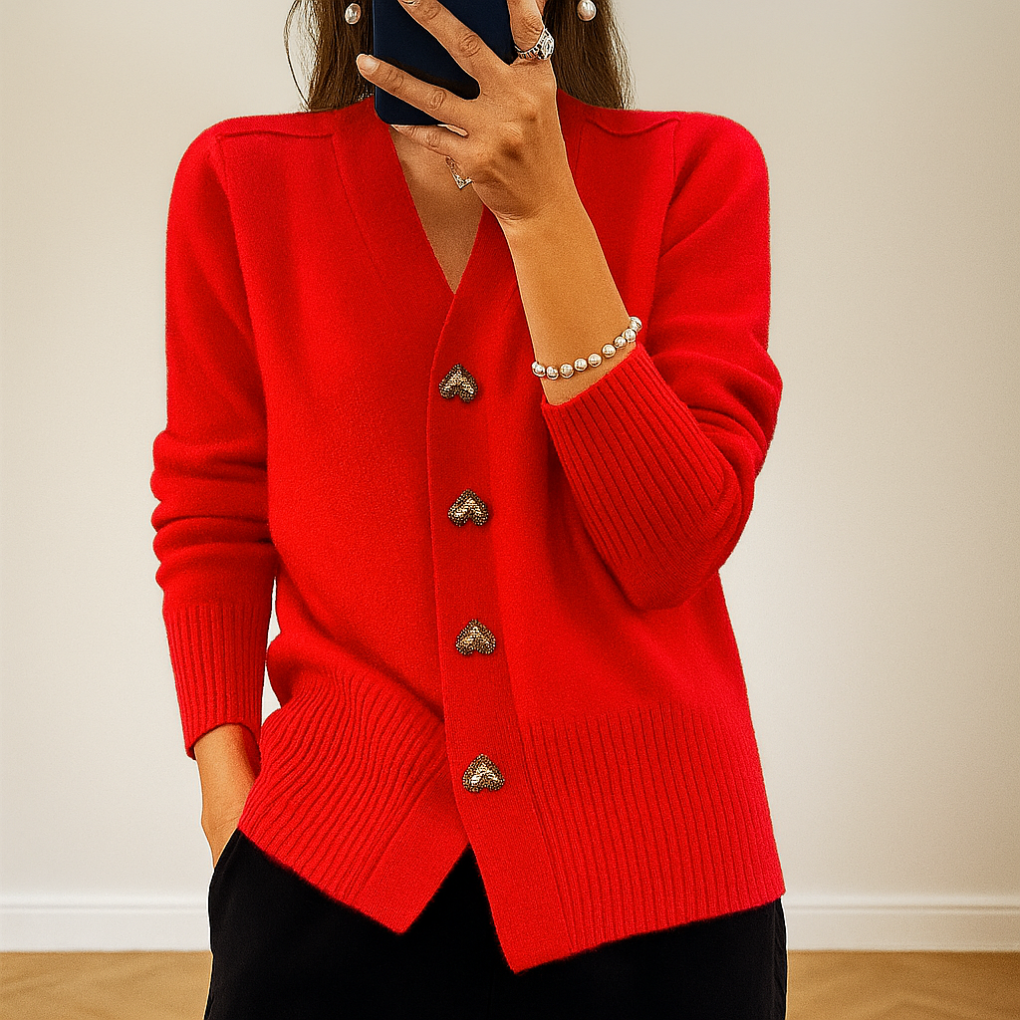 Women's V-Neck Cardigan- Heart Buttons and Ribbed Trim