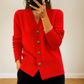 Women's V-Neck Cardigan- Heart Buttons and Ribbed Trim