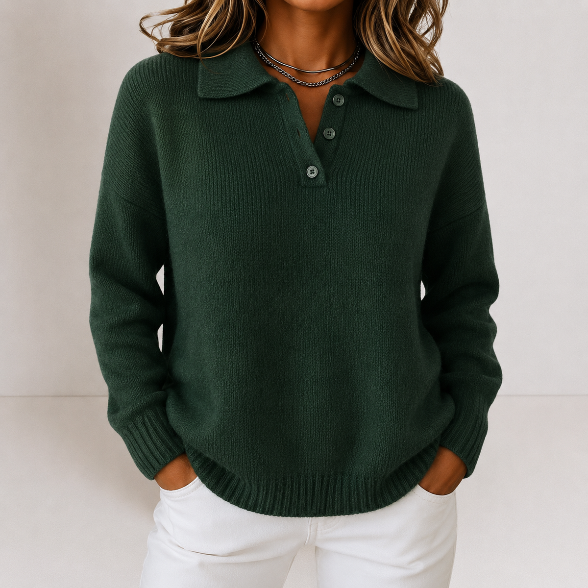 Women's Knit Sweater - Polo-Collar Button-Placket Top