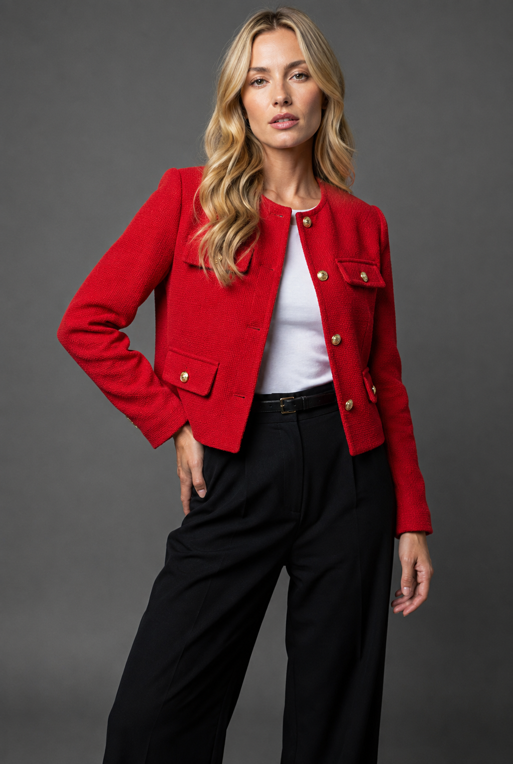 Women's Cropped Tweed Blazer - Button-Front Jacket with Flap Pockets