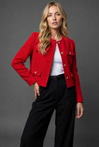 Women's Cropped Tweed Blazer - Button-Front Jacket with Flap Pockets