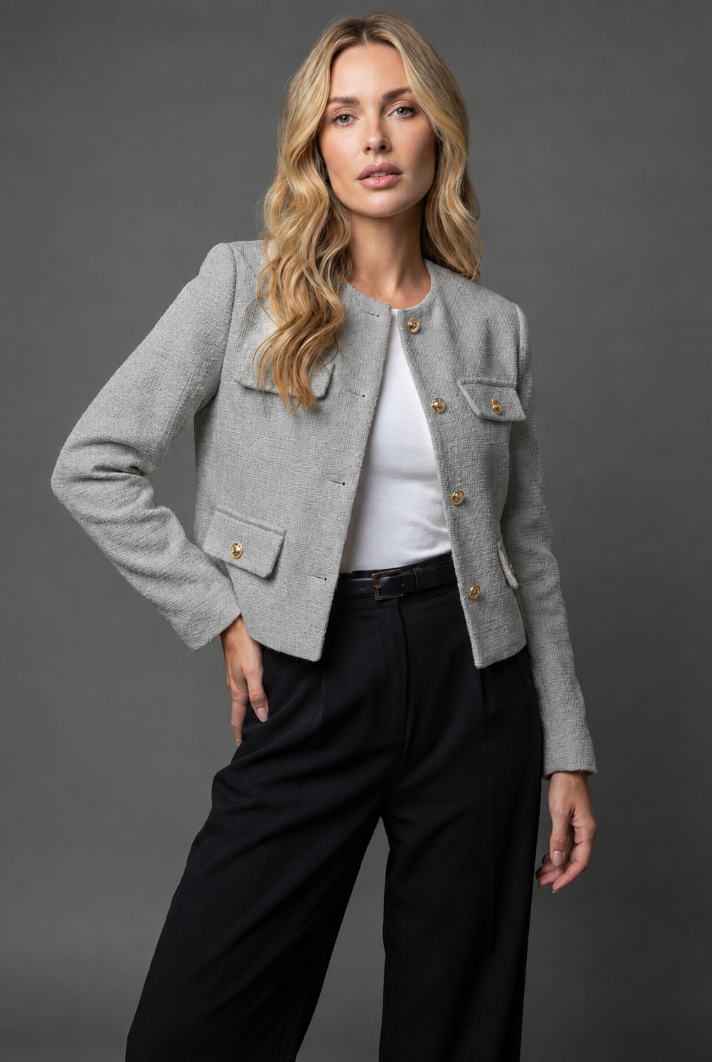 Women's Cropped Tweed Blazer - Button-Front Jacket with Flap Pockets