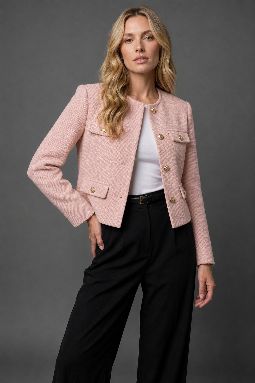 Women's Cropped Tweed Blazer - Button-Front Jacket with Flap Pockets