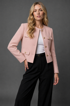 Women's Cropped Tweed Blazer - Button-Front Jacket with Flap Pockets