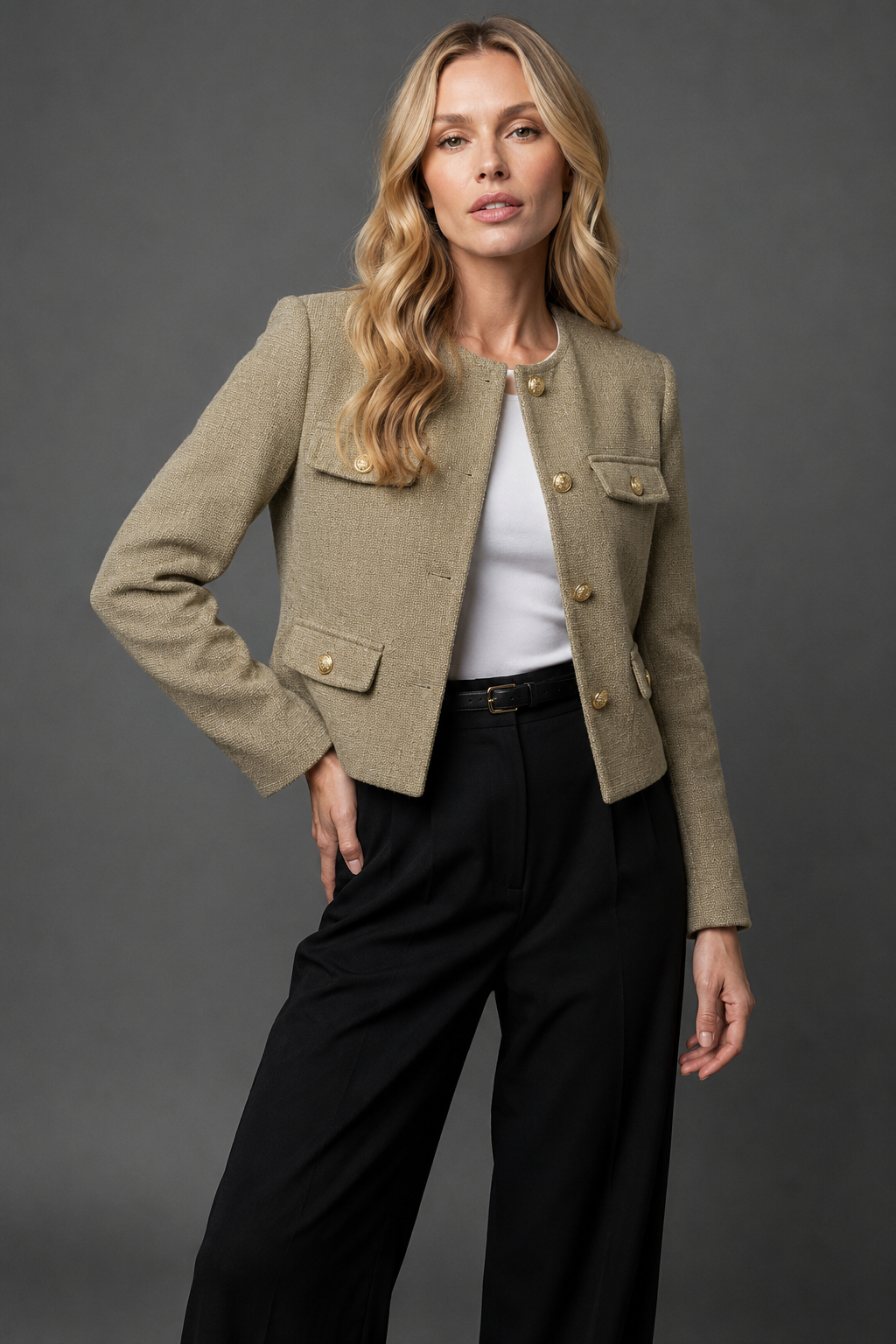 Women's Cropped Tweed Blazer - Button-Front Jacket with Flap Pockets