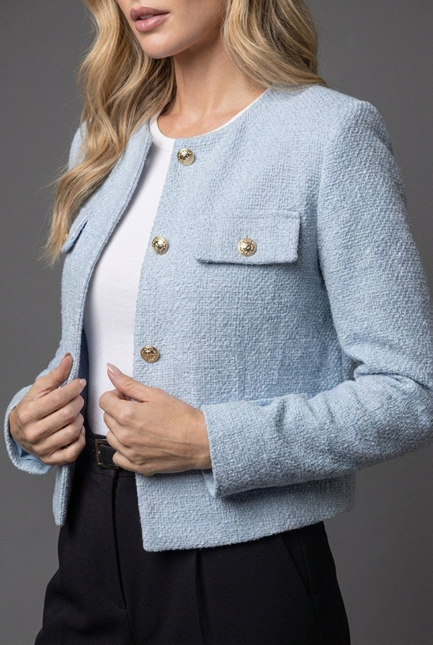 Women's Cropped Tweed Blazer - Button-Front Jacket with Flap Pockets