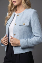 Women's Cropped Tweed Blazer - Button-Front Jacket with Flap Pockets