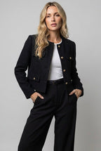 Women's Cropped Tweed Blazer - Button-Front Jacket with Flap Pockets