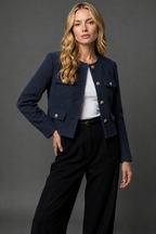 Women's Cropped Tweed Blazer - Button-Front Jacket with Flap Pockets