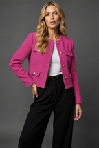 Women's Cropped Tweed Blazer - Button-Front Jacket with Flap Pockets