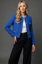 Women's Cropped Tweed Blazer - Button-Front Jacket with Flap Pockets