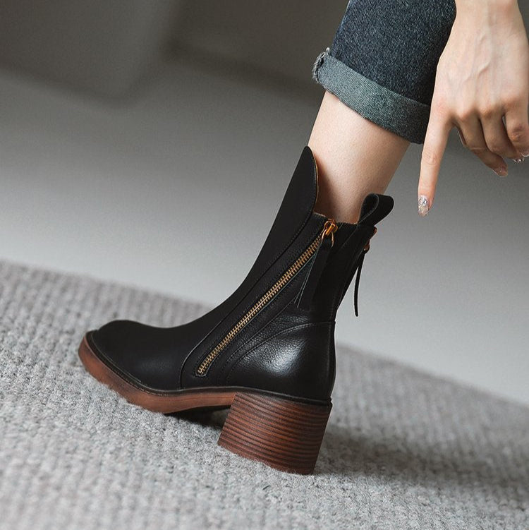 Women's Tassel-Zip Ankle Boots- Block Heel and Rounded Toe
