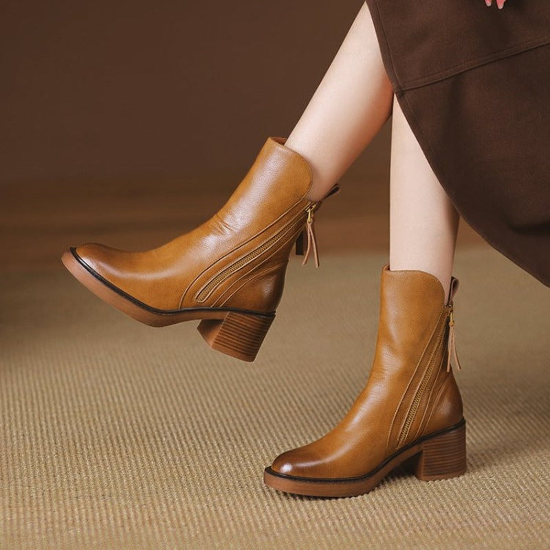 Women's Tassel-Zip Ankle Boots- Block Heel and Rounded Toe