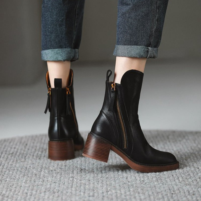 Women's Tassel-Zip Ankle Boots- Block Heel and Rounded Toe