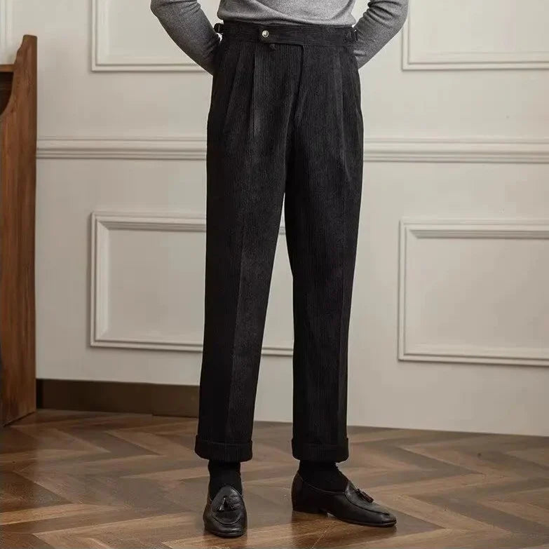 Men's Corduroy Trousers- Pleated High-Waist Straight Leg