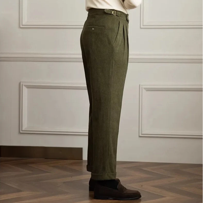 Men's Corduroy Trousers- Pleated High-Waist Straight Leg