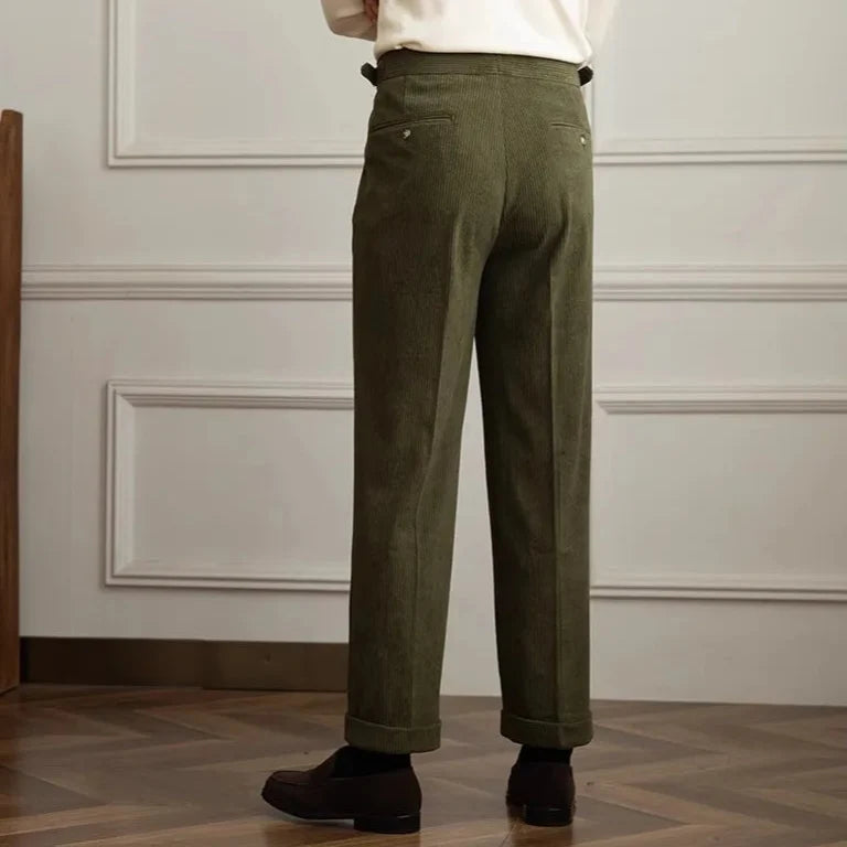 Men's Corduroy Trousers- Pleated High-Waist Straight Leg