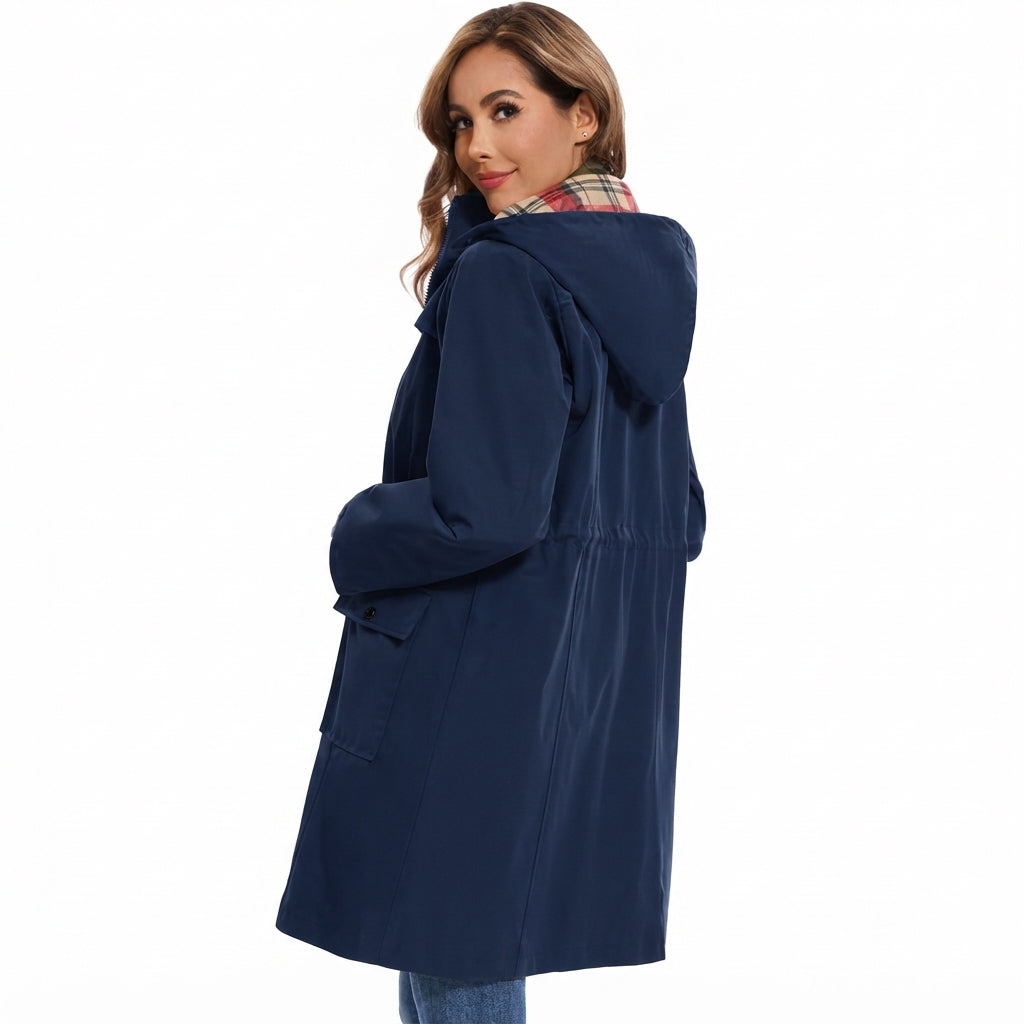 Women's Hooded Coat- Check Lining and Waist Drawcord