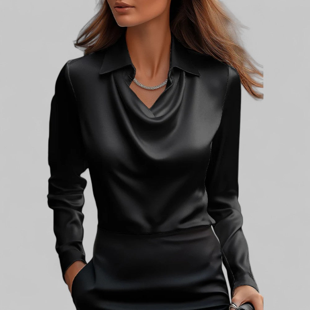 Women's Draped-Neck Blouse - Long-Sleeve Collared Top