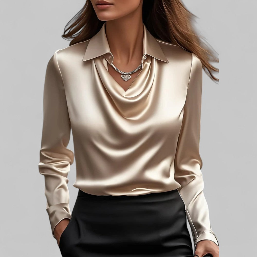 Women's Draped-Neck Blouse - Long-Sleeve Collared Top