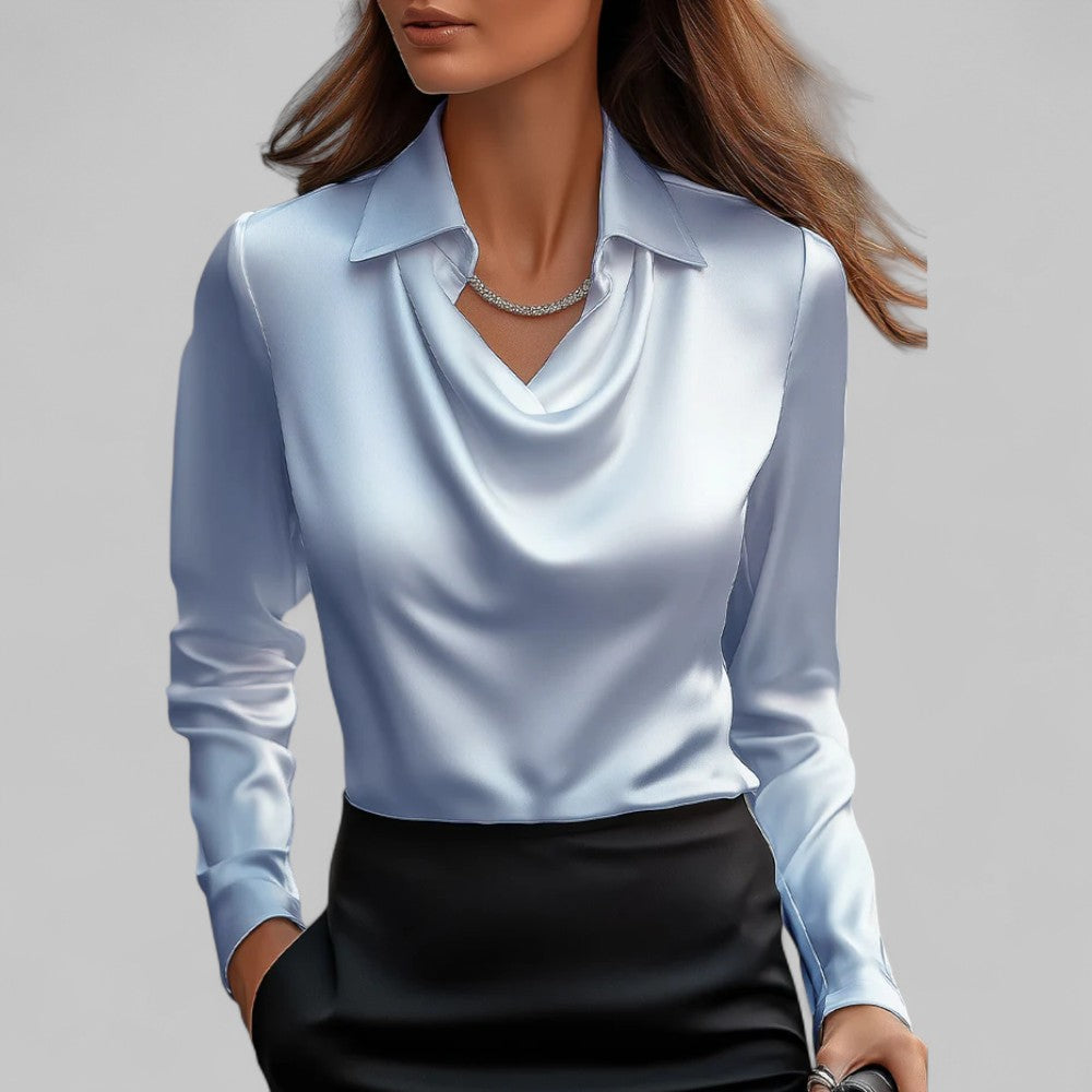 Women's Draped-Neck Blouse - Long-Sleeve Collared Top