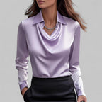 Women's Draped-Neck Blouse - Long-Sleeve Collared Top