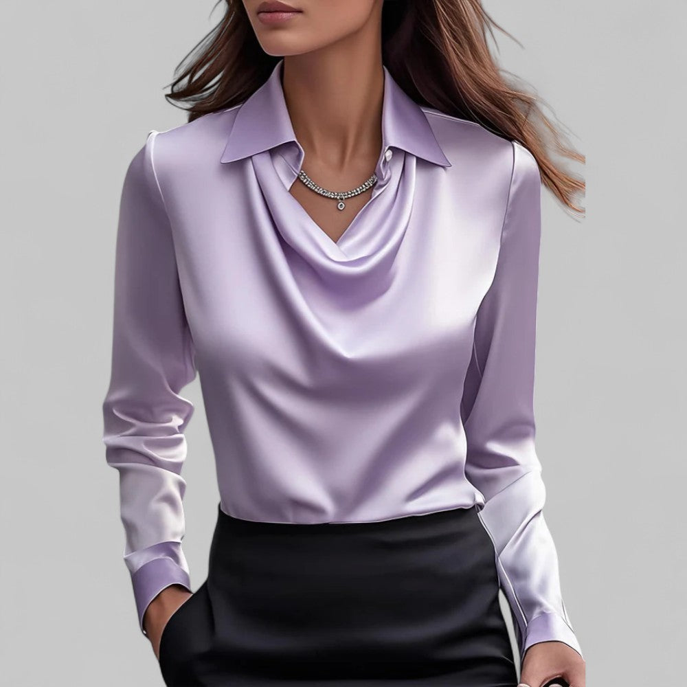 Women's Draped-Neck Blouse - Long-Sleeve Collared Top
