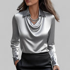 Women's Draped-Neck Blouse - Long-Sleeve Collared Top