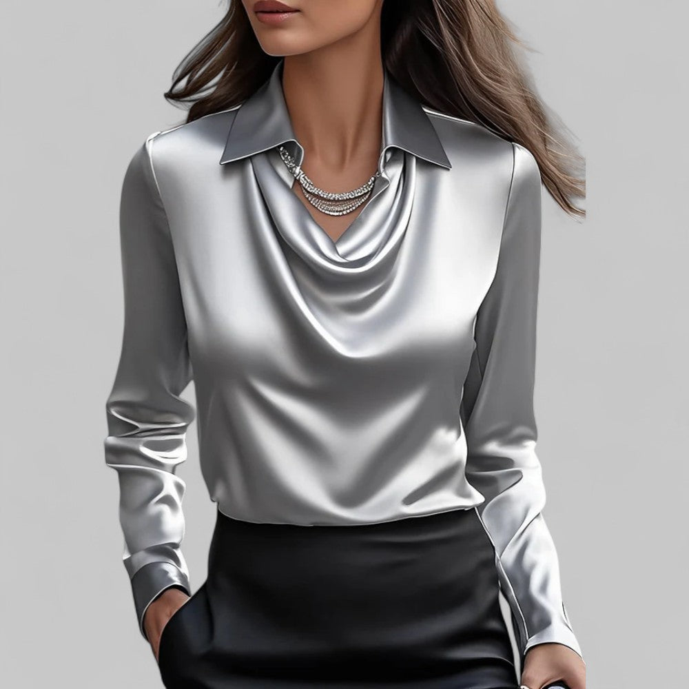 Women's Draped-Neck Blouse - Long-Sleeve Collared Top