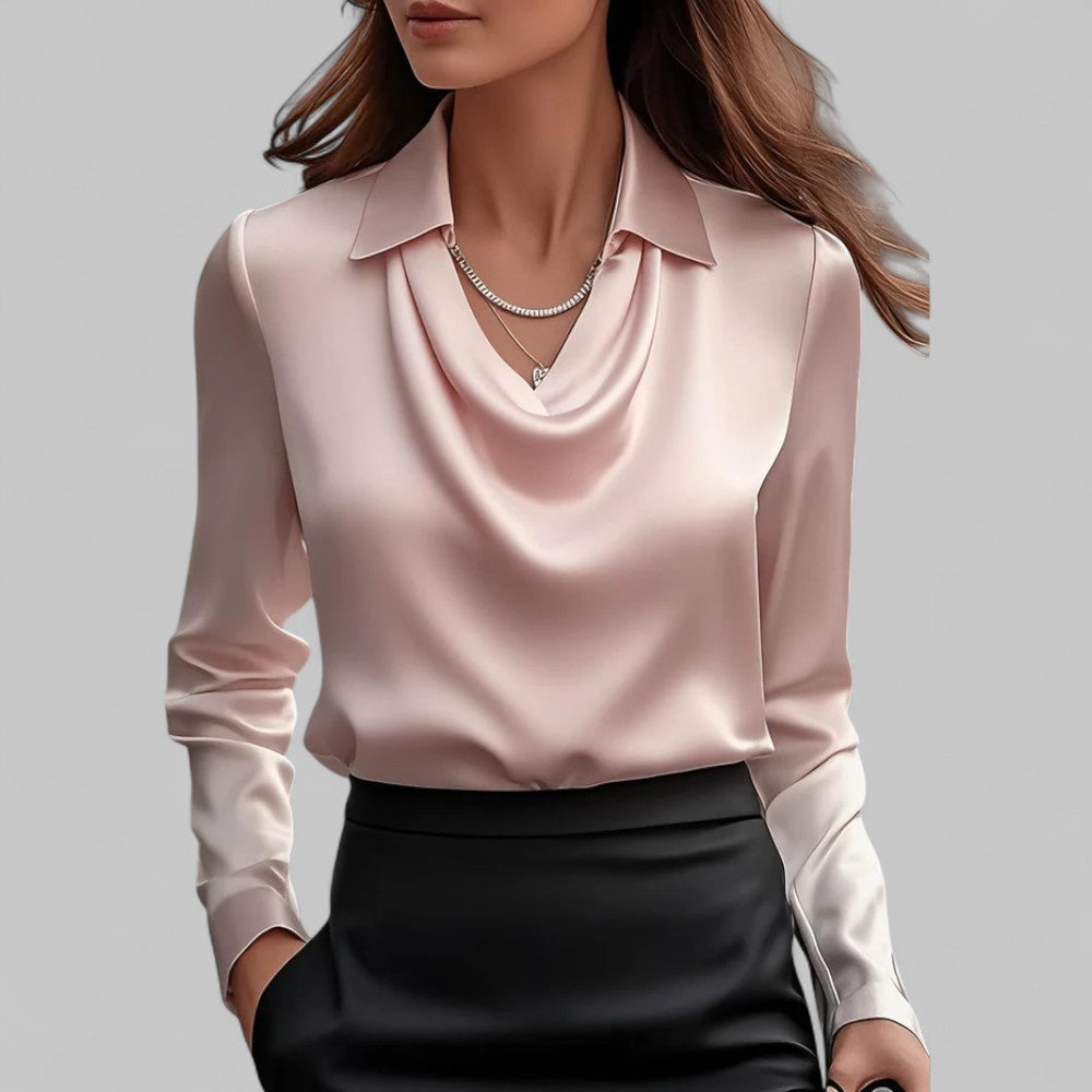 Women's Draped-Neck Blouse - Long-Sleeve Collared Top