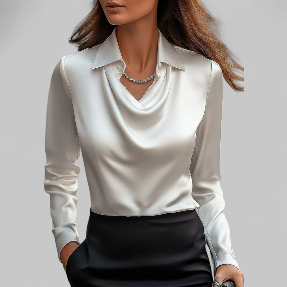 Women's Draped-Neck Blouse - Long-Sleeve Collared Top