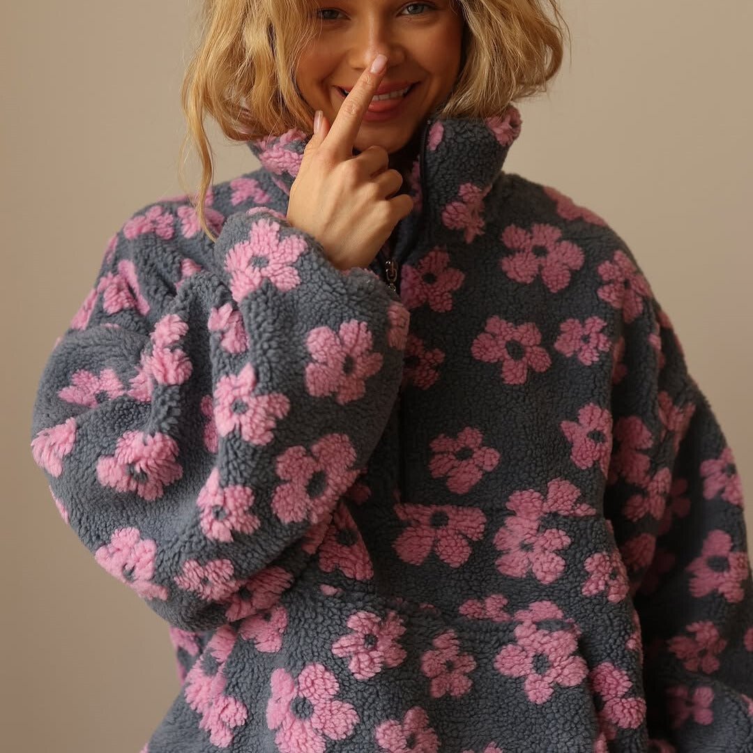 Women's Floral Fleece Jacket - Half-Zip Oversized Pullover