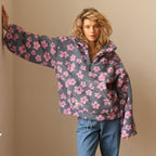 Women's Floral Fleece Jacket - Half-Zip Oversized Pullover