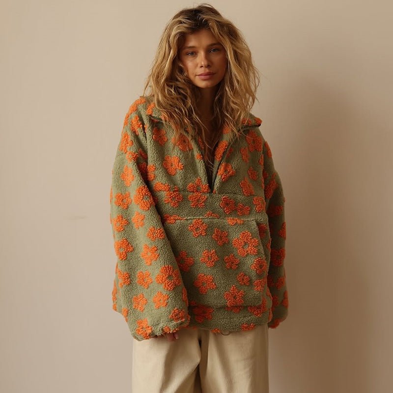 Women's Floral Fleece Jacket - Half-Zip Oversized Pullover