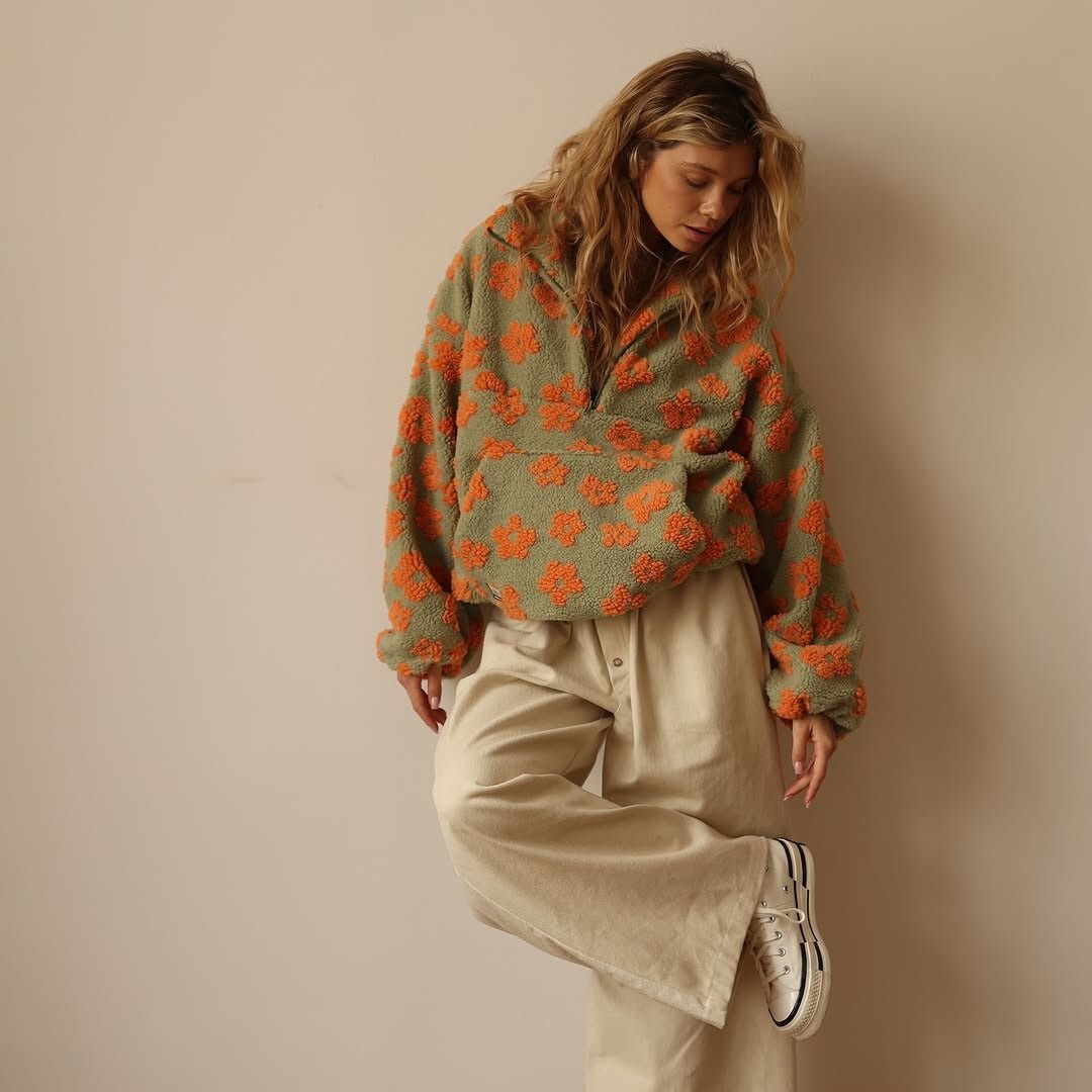 Women's Floral Fleece Jacket - Half-Zip Oversized Pullover