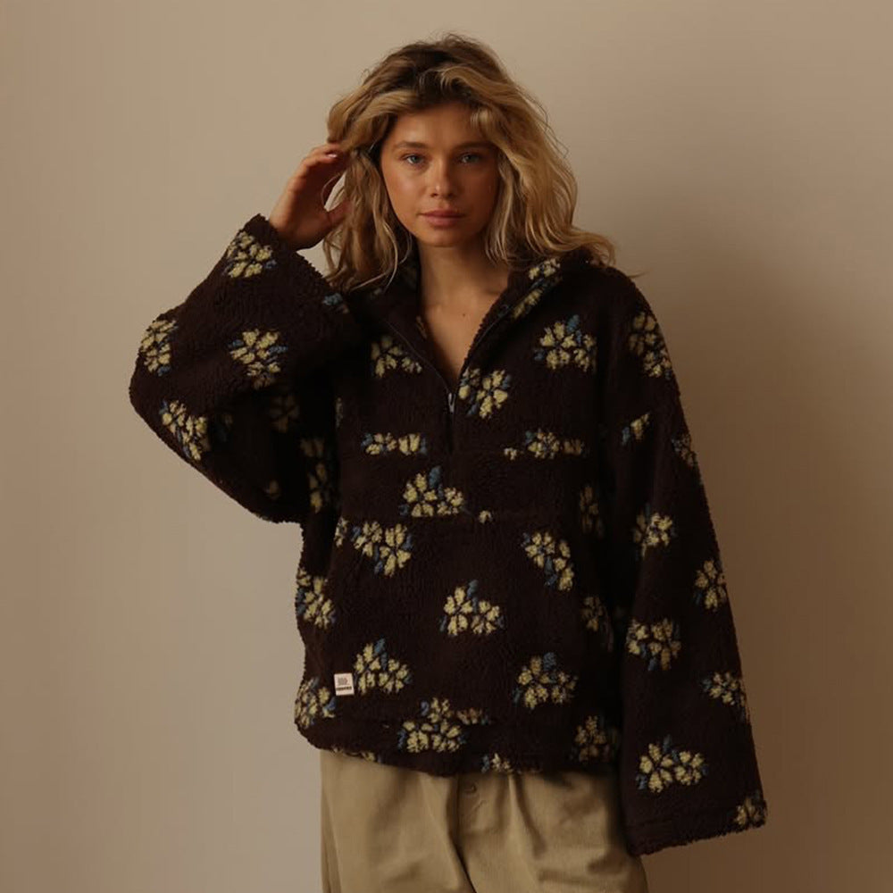 Women's Floral Fleece Jacket - Half-Zip Oversized Pullover