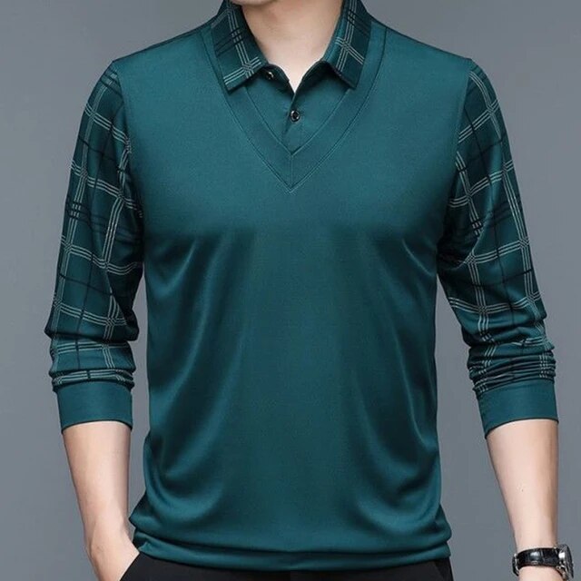 Men's Long-Sleeve Polo Shirt - Contrast-Collar Top