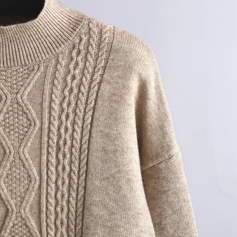 Women's Cable-Knit Loungewear Set with Mock Neck Jumper