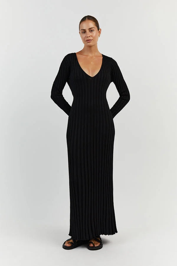 Women's Ribbed Knit Maxi Dress- V-Neck and Long Sleeves