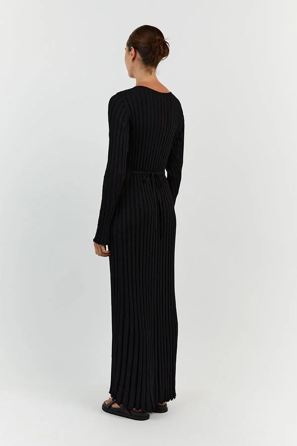 Women's Ribbed Knit Maxi Dress- V-Neck and Long Sleeves