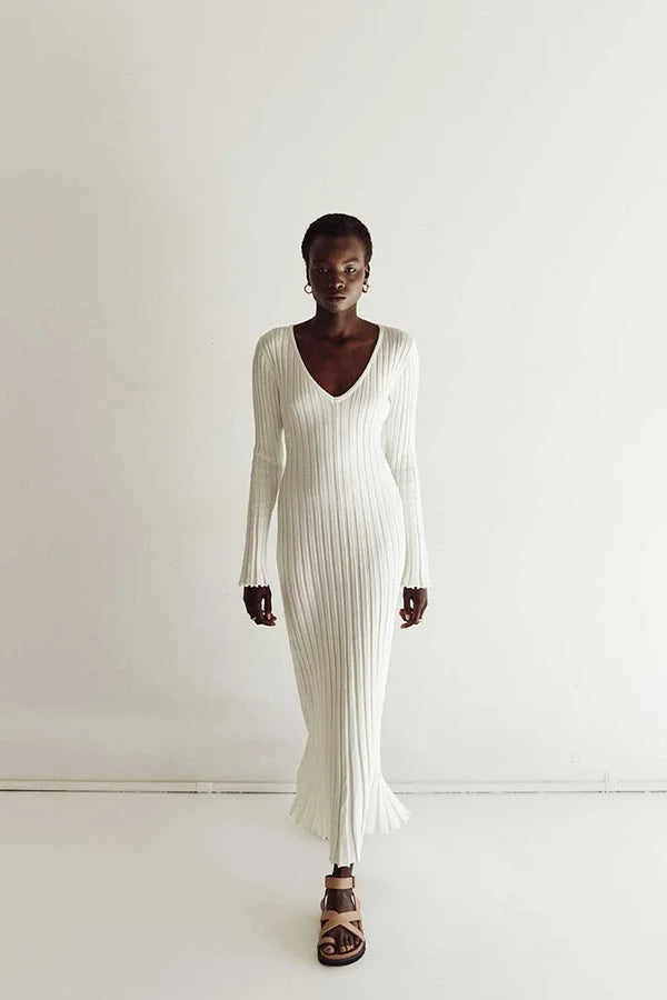Women's Ribbed Knit Maxi Dress- V-Neck and Long Sleeves