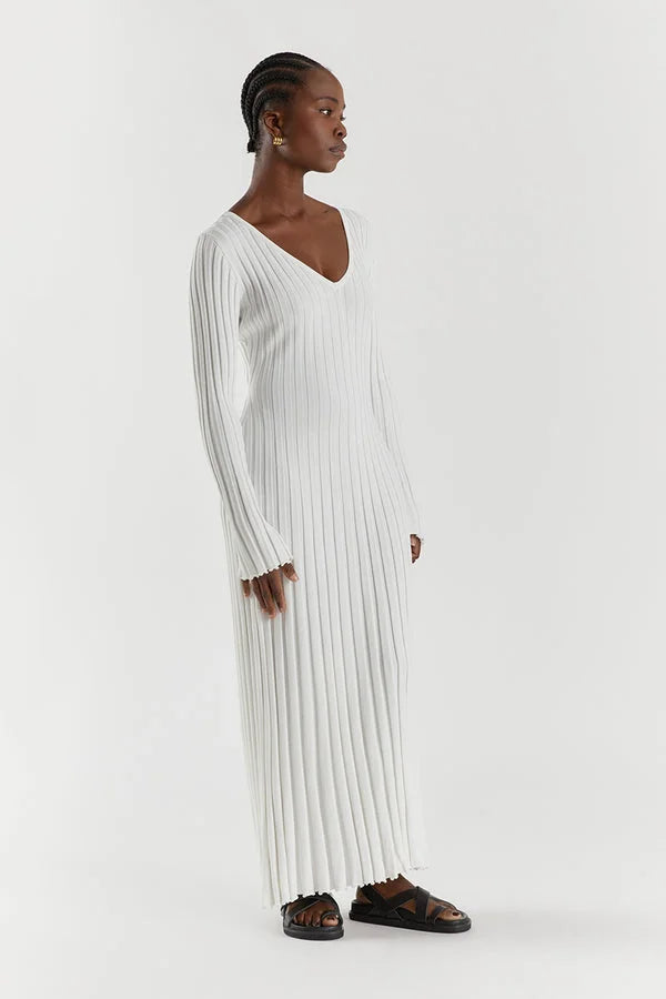 Women's Ribbed Knit Maxi Dress- V-Neck and Long Sleeves